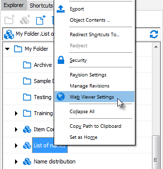 Web viewer settings from the shortcut menu. Right-click the data block in the explorer pane to get to the shortcut menu.